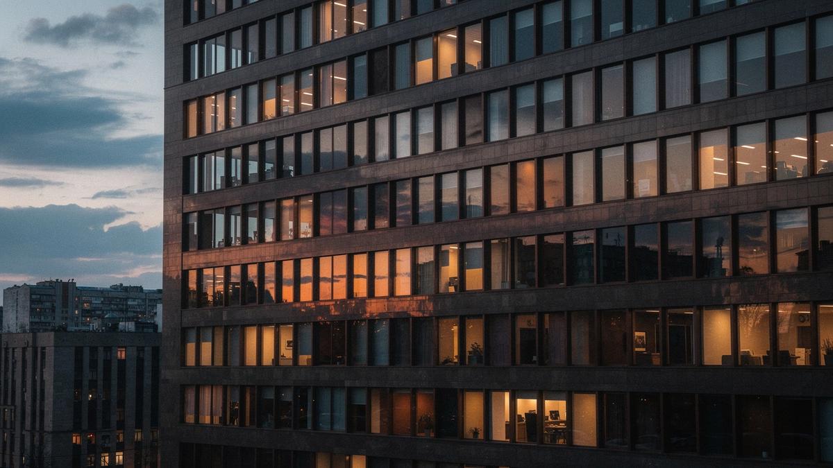 Bronze glass and stone facade of the Kyiv office building at dusk with warm interior light