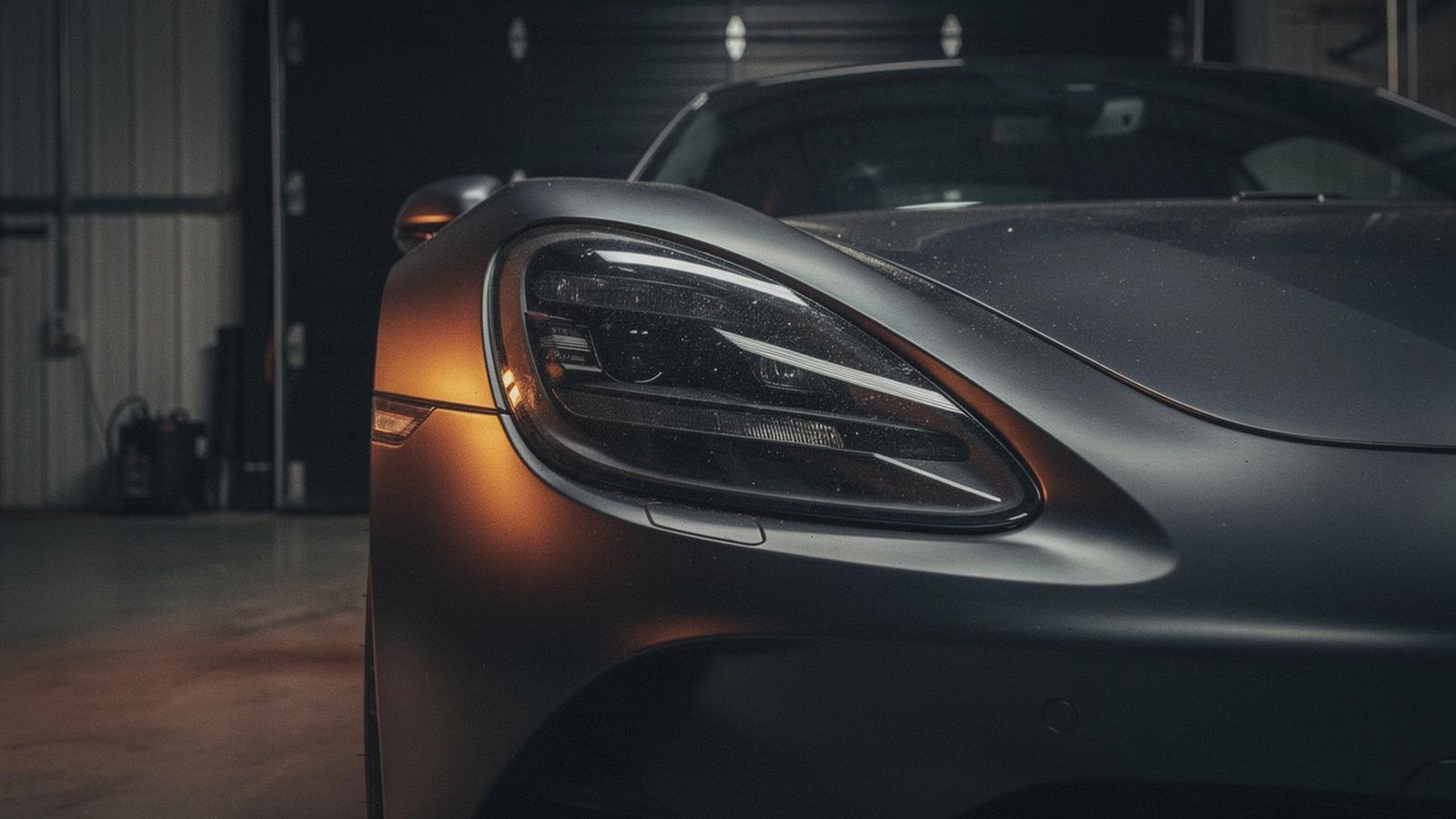 Close crop of a grand tourer headlight and front quarter panel under warm garage light