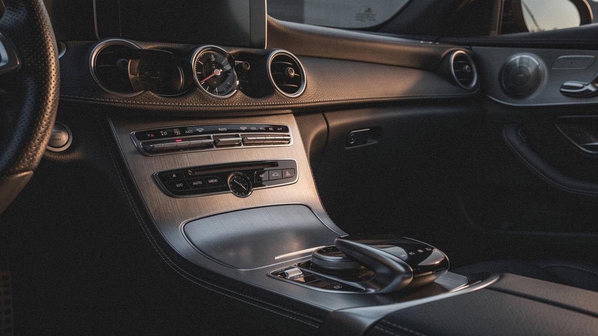 Close crop of a stitched leather dashboard and centre console in a luxury coupe