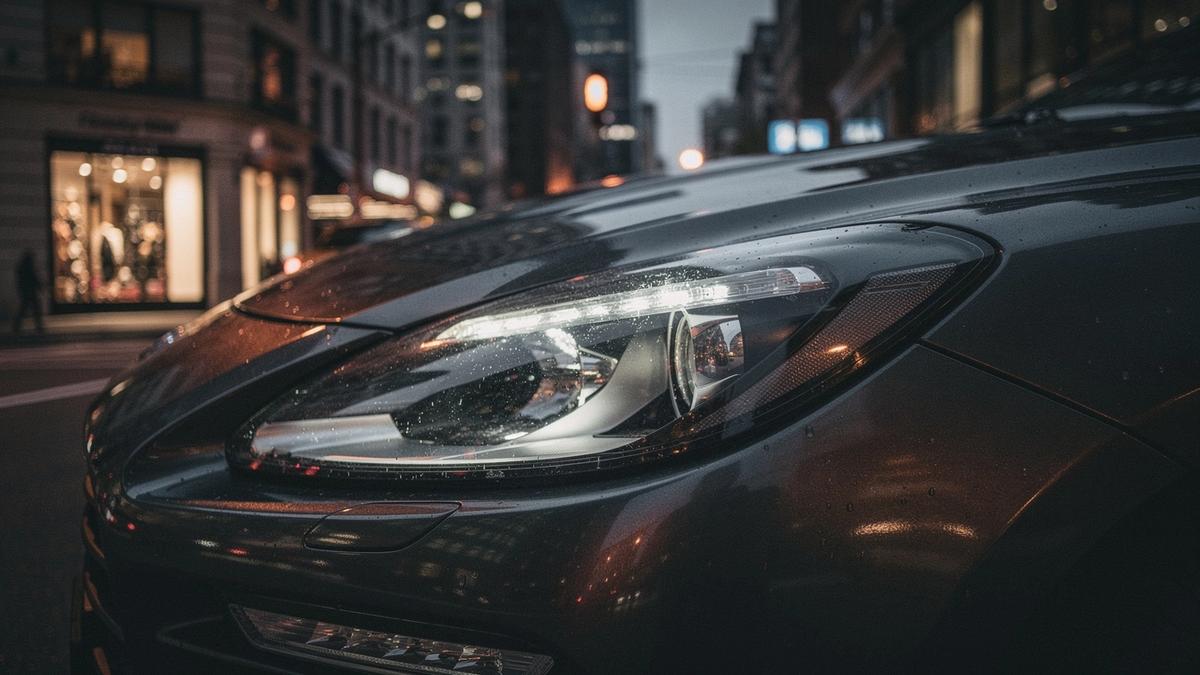 Close crop of a luxury car headlight and front wing in warm evening light