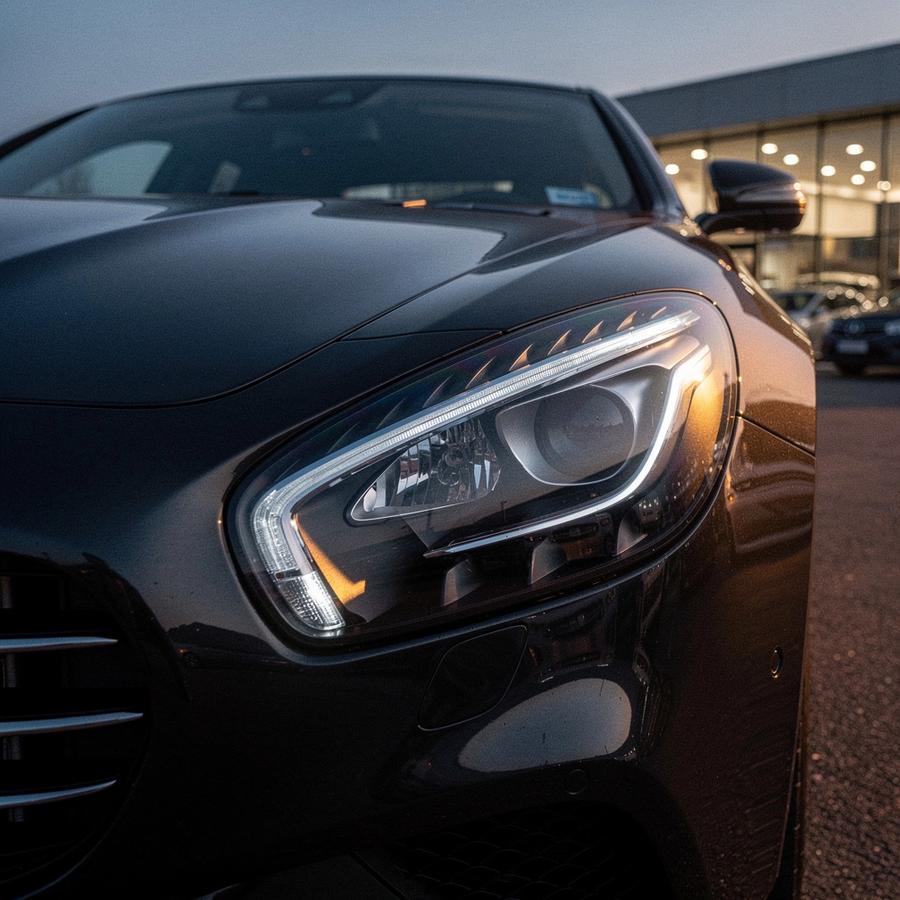 Close crop of a dark grand tourer headlight and chrome trim on a forecourt