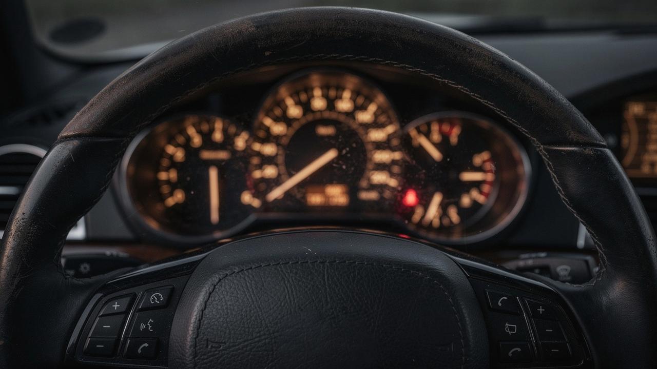 Close-up of a stitched leather steering wheel and instrument cluster inside a luxury car